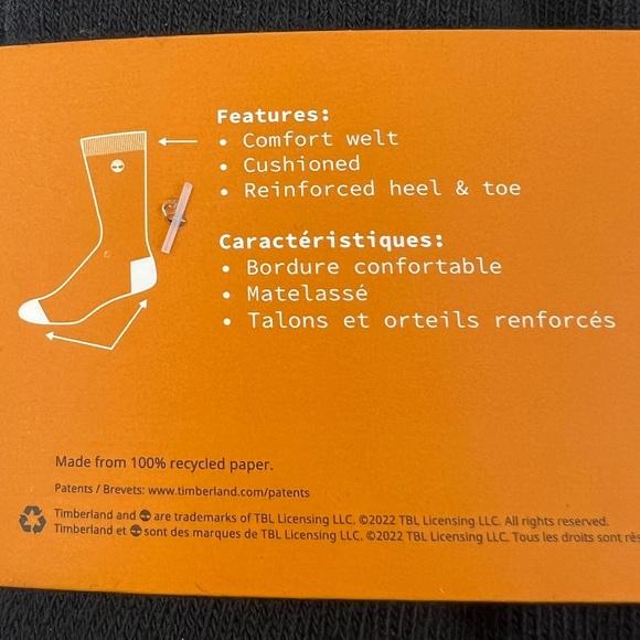 TIMBERLAND, CUSHIONED CREW SOCKS, SIX PAIRS, MEN’S BLACK WITH ORANGE LOGO - Picture 11 of 16